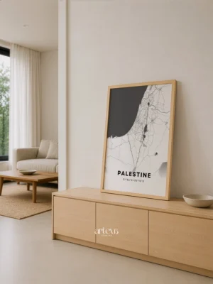 Palestine Map Poster Snow White city map wall art with minimalist white black and grey map design