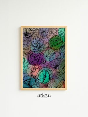 Colorful floral wall art dengan bunga warna-warni dan frame kayu natural
