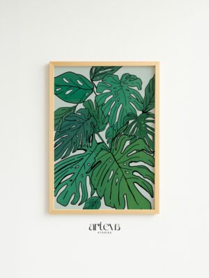 Monstera plant wall art dengan daun hijau dan frame kayu natural