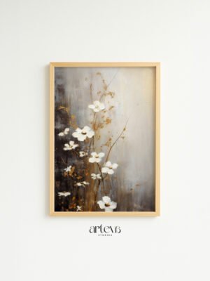 Ethereal Blossoms floral wall art dengan bunga putih lembut dan frame kayu natural