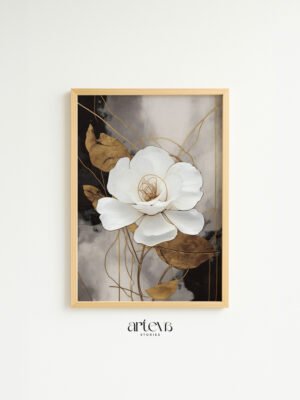 luxurious white rose, white rose wall art, floral wall art, elegant flower art, gold floral poster, luxury wall decor, hiasan dinding bunga, dekorasi ruang tamu, framed poster, wall decor, premium floral art