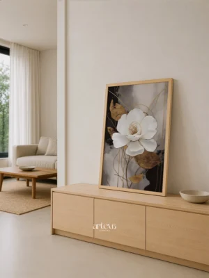 Luxurious White Rose – Elegant White & Gold Floral Wall Art