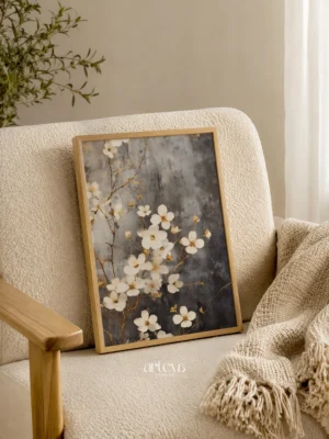 Whispers of Gold – White Blossom Botanical Wall Art