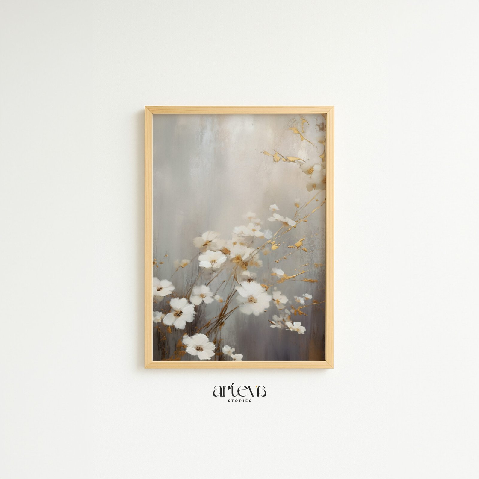 Golden Dream floral wall art dengan bunga putih kecil dan frame kayu natural