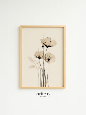 Eternal Autumn minimalist floral wall art dengan bunga beige dan frame kayu natural