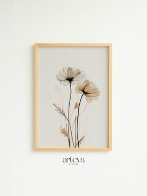 Past Petals neutral floral wall art dengan bunga beige transparan dan frame kayu natural