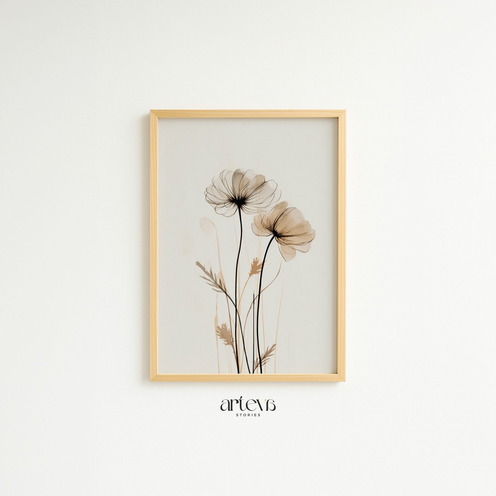 Past Petals neutral floral wall art dengan bunga beige transparan dan frame kayu natural