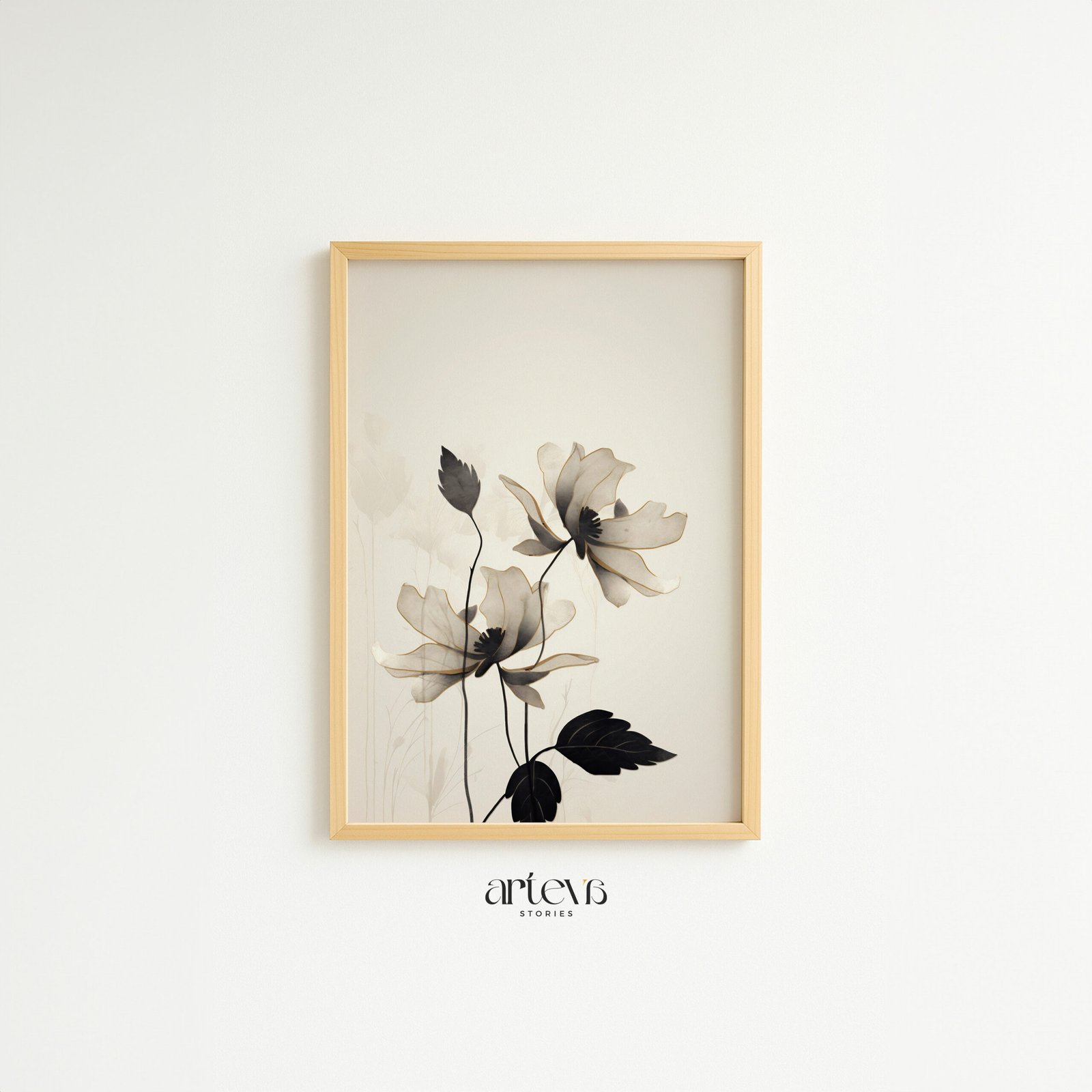 Timeless Tranquility delicate floral wall art dengan bunga beige dan frame kayu natural
