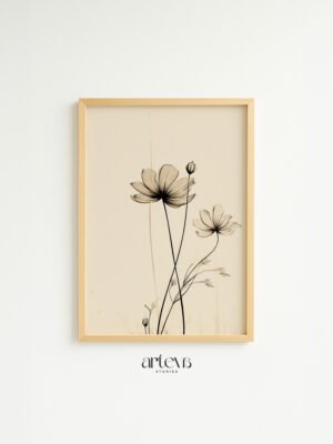 Harvest Hues minimalist botanical wall art dengan bunga beige dan frame kayu natural