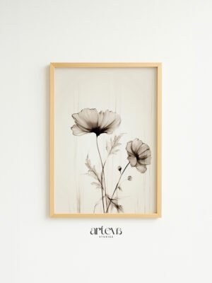 Eternal Essence delicate floral wall art dengan dua bunga beige dan frame kayu natural