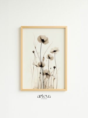 Retro Blossoms soft beige floral wall art dengan dua bunga dan frame kayu natural