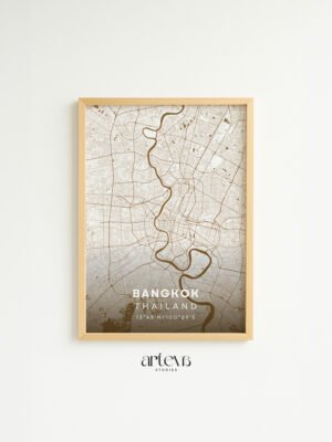 Bangkok Thailand map poster Mocha Earth dengan frame kayu natural