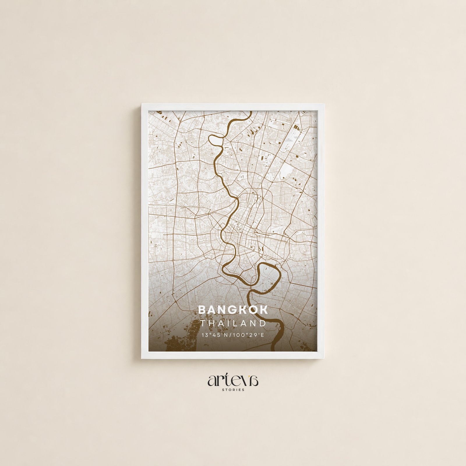 Bangkok Thailand Map – Mocha Earth City Wall Art - Gambar 4