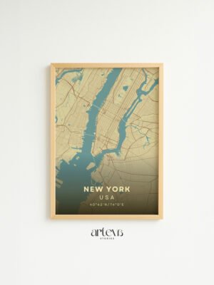 New York USA map poster Aqua Beige dengan frame kayu natural