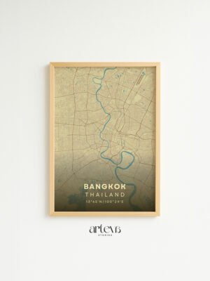 Bangkok Thailand map poster Aqua Beige dengan frame kayu natural