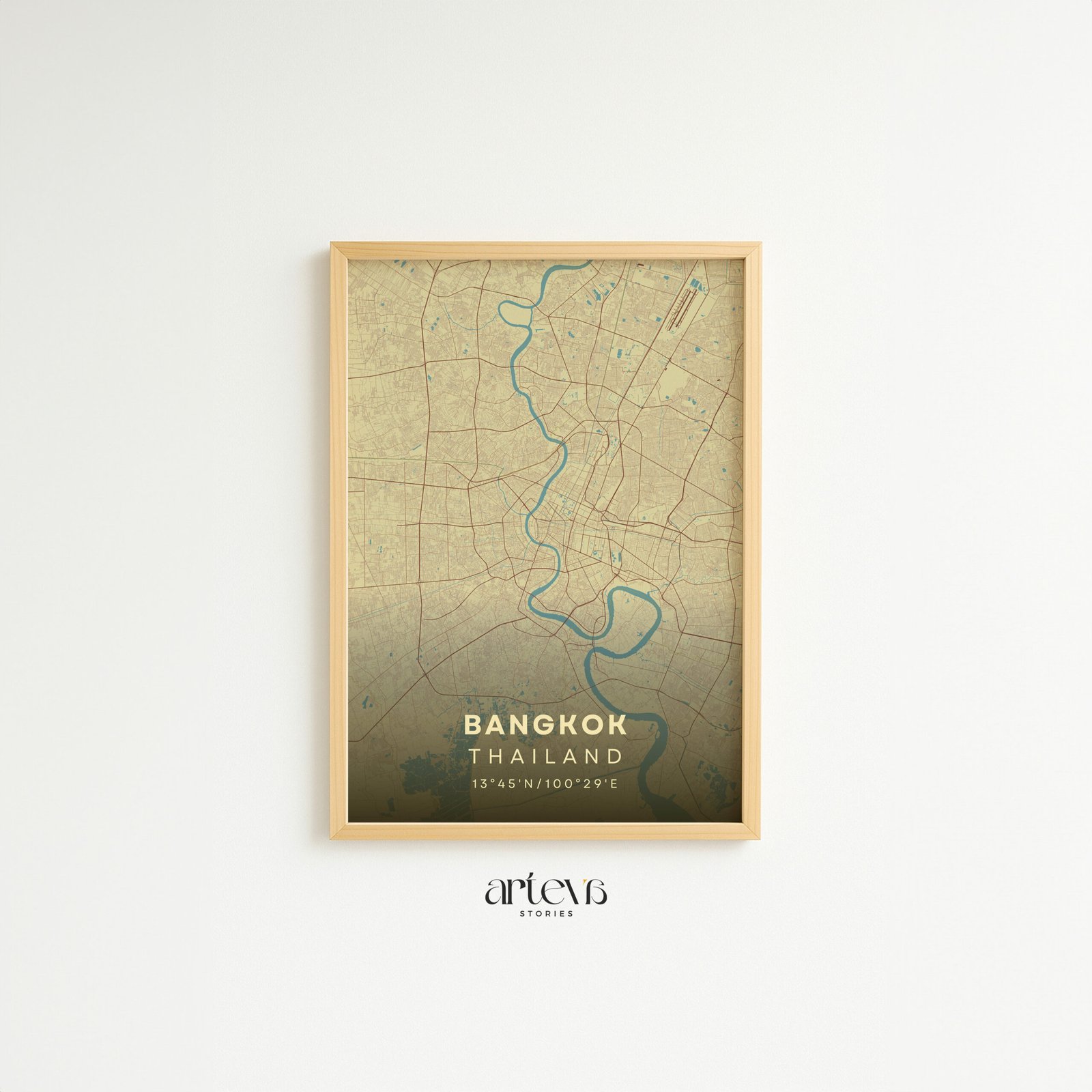 Bangkok Thailand map poster Aqua Beige dengan frame kayu natural