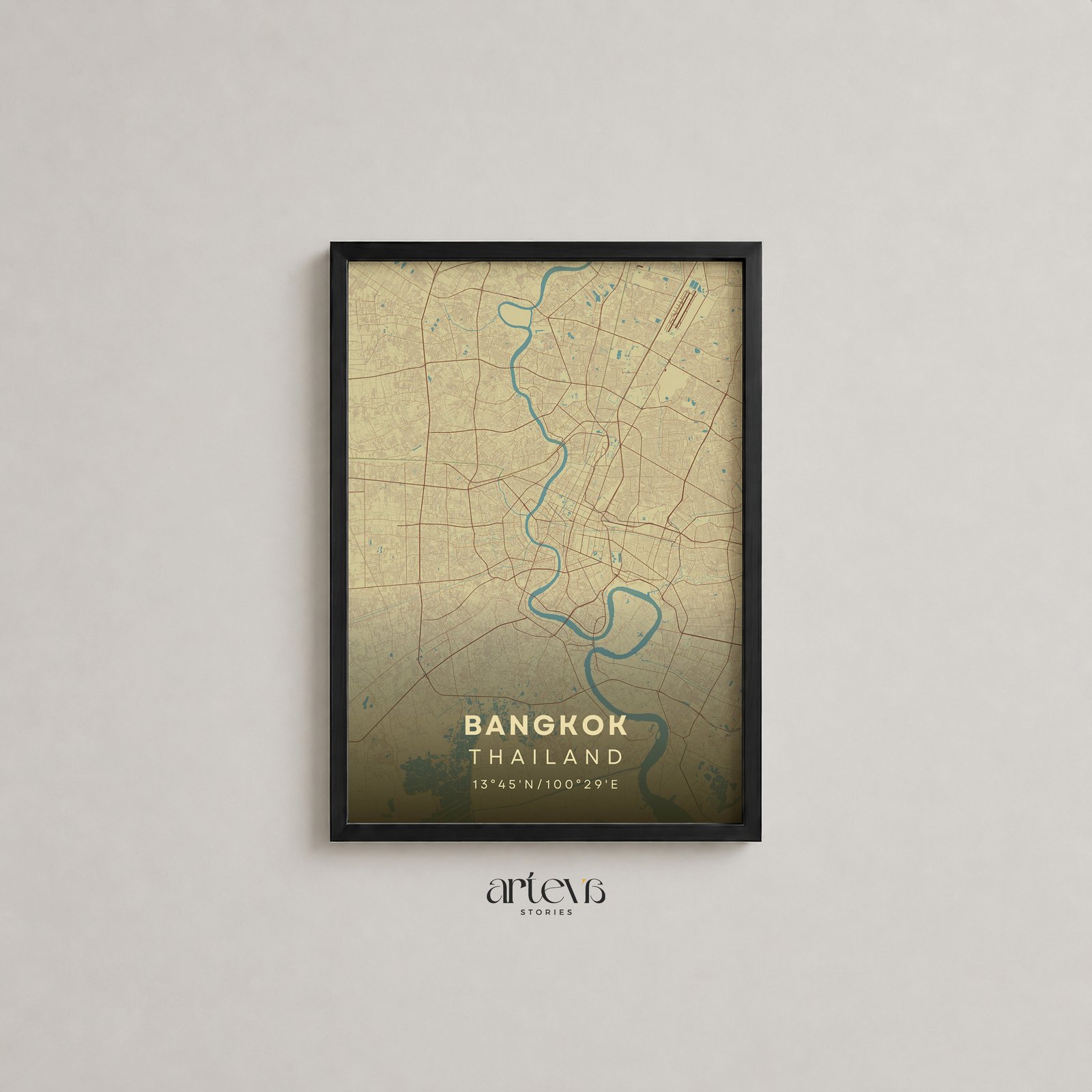 Bangkok Thailand Map – Aqua Beige City Wall Art - Gambar 3