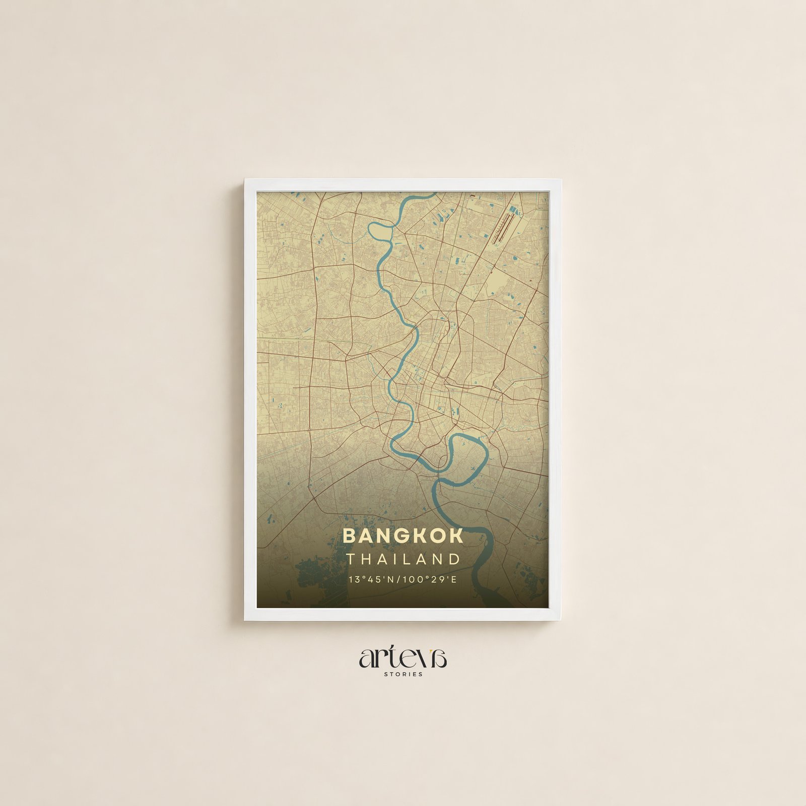 Bangkok Thailand Map – Aqua Beige City Wall Art - Gambar 4