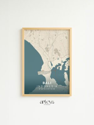 Bali Indonesia map poster Sapphire Blue dengan frame kayu natural