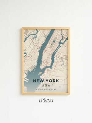 New York USA map poster Aqua Beige dengan frame kayu natural