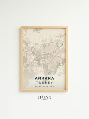 Ankara Turkey map poster Nordic Beige dengan frame kayu natural