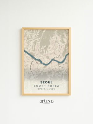 Seoul South Korea map poster Aqua Beige dengan frame kayu natural