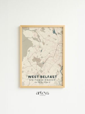 west belfast map, belfast wall art, united kingdom map poster, uk wall art, city map poster, nordic beige, beige wall art, minimalist wall art, travel wall art, framed poster, wall decor, hiasan dinding