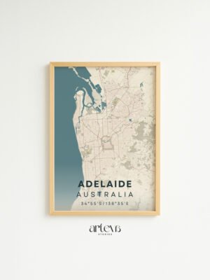 Adelaide Australia map poster Aqua Beige dengan frame kayu natural