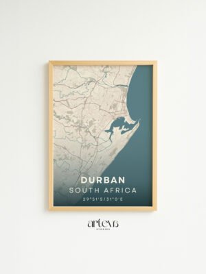 Durban South Africa map poster Sapphire Blue dengan frame kayu natural