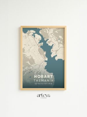 Hobart Tasmania Australia map poster Sapphire Blue dengan frame kayu natural