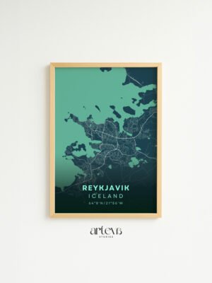 Reykjavik map poster Deep Turquoise nordic city wall art