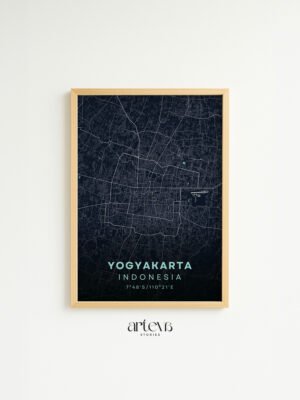 Yogyakarta map poster Midnight Navy dengan frame kayu natural