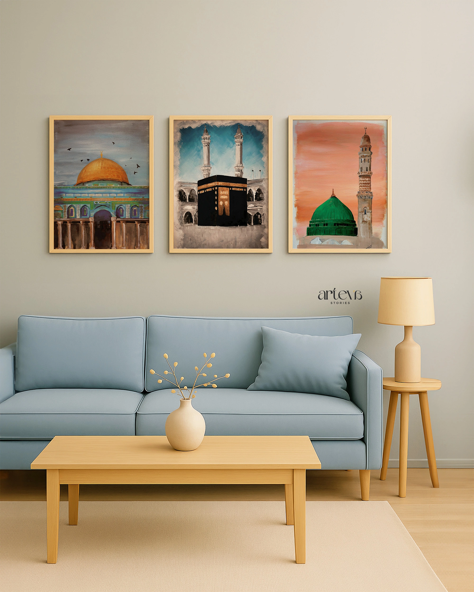 Abstract Islamic Landmarks Set | Kabah - Masjid Nabawi & Dome of the Rock Wall Art 3 Panel - Gambar 3
