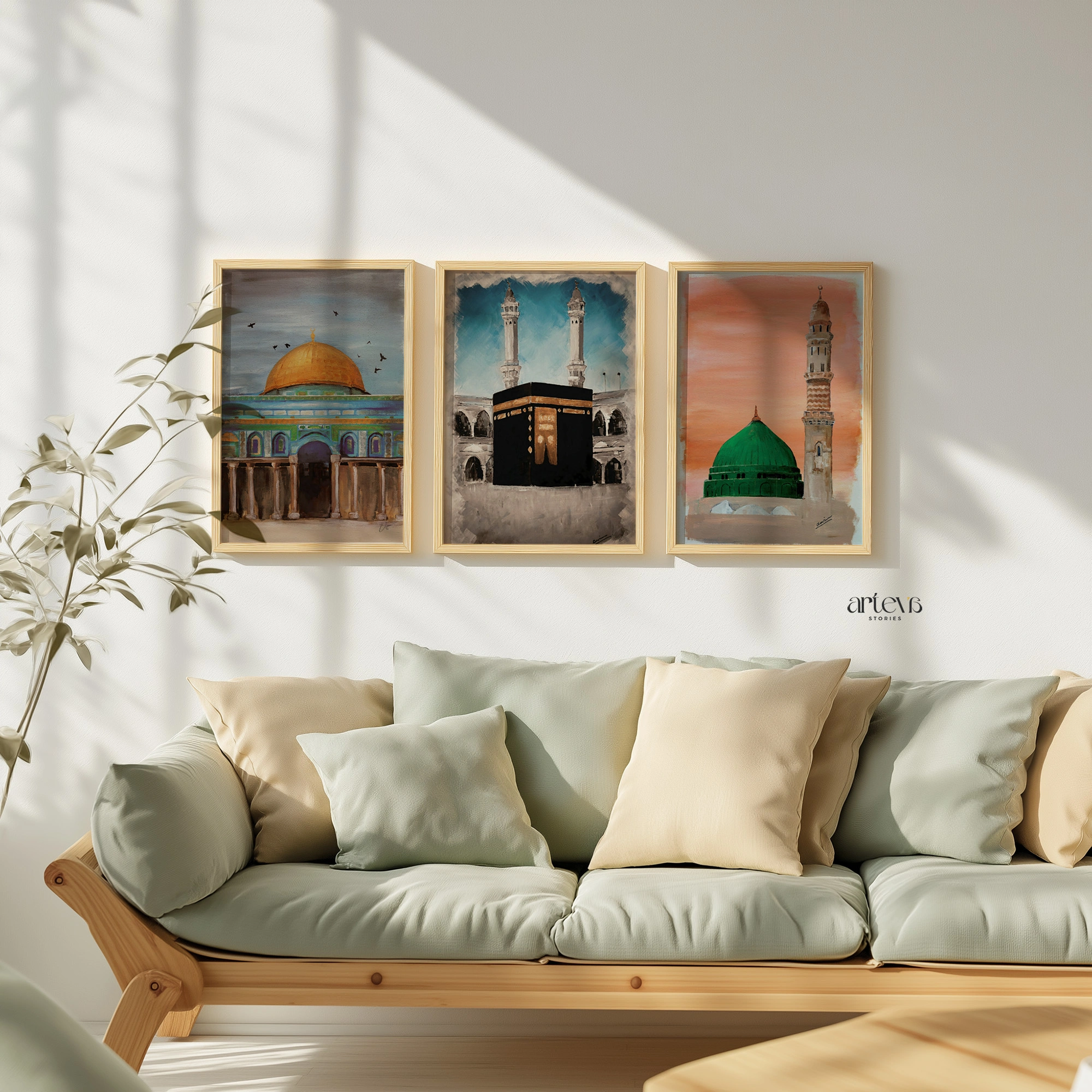 Abstract Islamic Landmarks Set | Kabah - Masjid Nabawi & Dome of the Rock Wall Art 3 Panel - Gambar 2