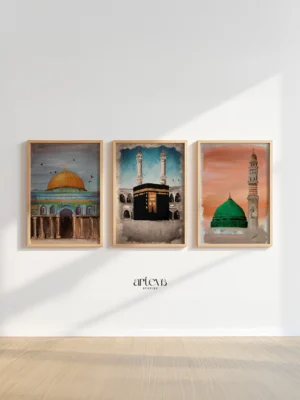 Abstract Islamic landmarks gallery set featuring Ka'bah, Masjid Nabawi, and Dome of the Rock in 3 framed wall art panels