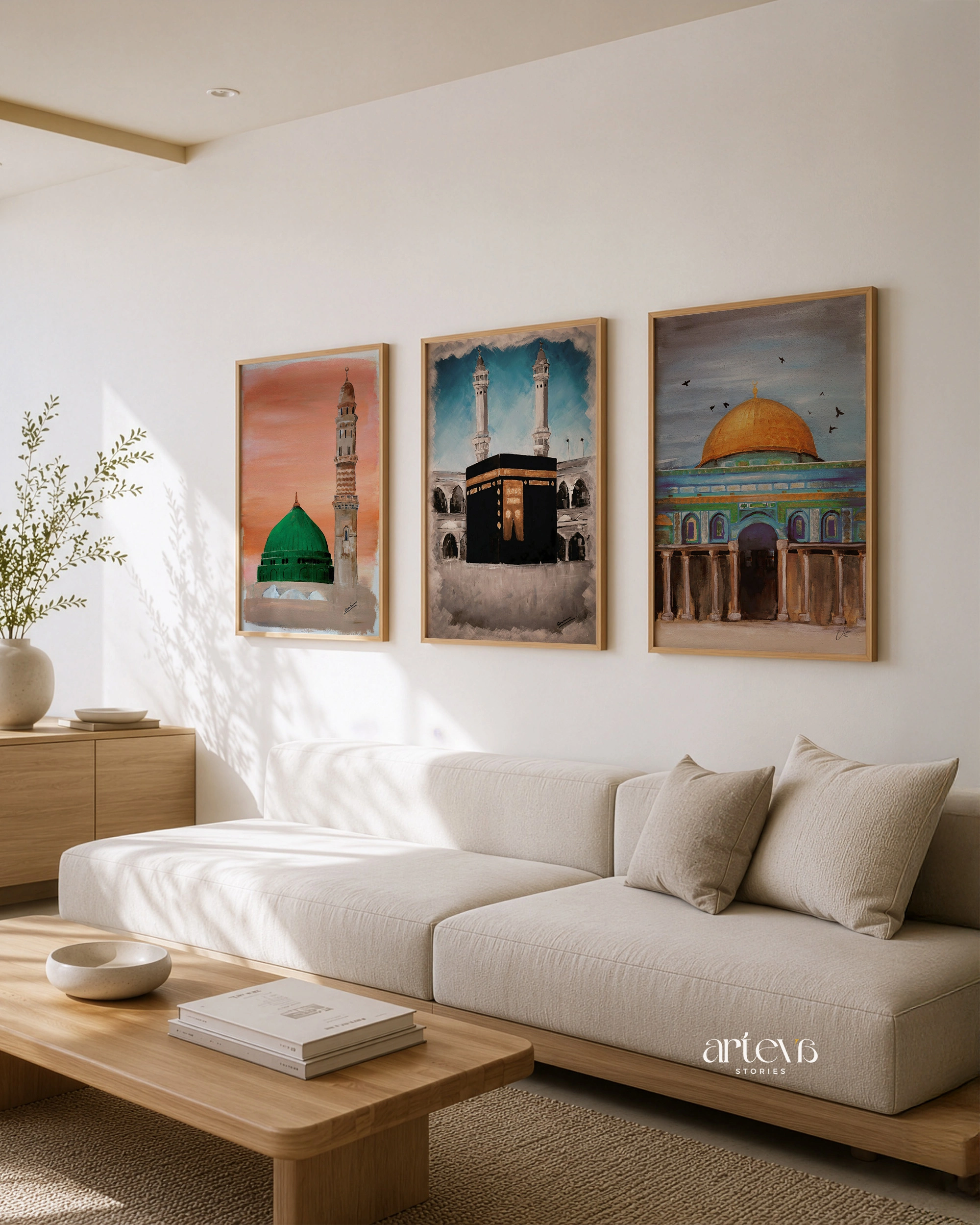 Abstract Islamic Landmarks Set | Kabah - Masjid Nabawi & Dome of the Rock Wall Art 3 Panel - Gambar 5