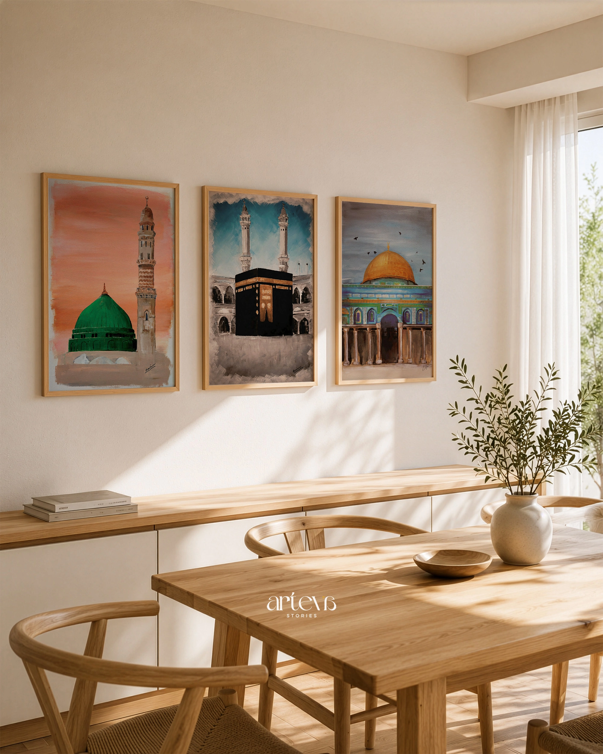 Abstract Islamic Landmarks Set | Kabah - Masjid Nabawi & Dome of the Rock Wall Art 3 Panel - Gambar 4