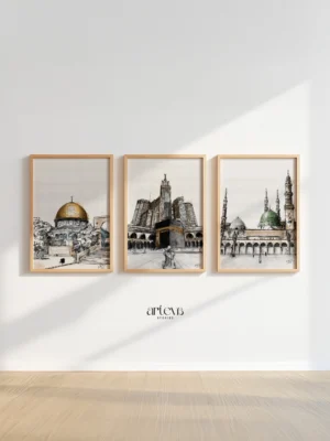 Sketch Islamic landmarks 3 panel wall art set featuring Ka'bah, Masjid Nabawi, and Dome of the Rock in natural wood frames