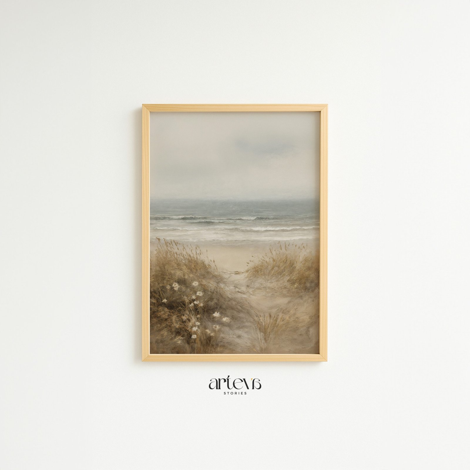 Vintage coastal wall art bergambar jalur pasir menuju laut dengan rumput pantai dan ombak lembut bernuansa beige grey untuk dekorasi rumah natural minimalis.