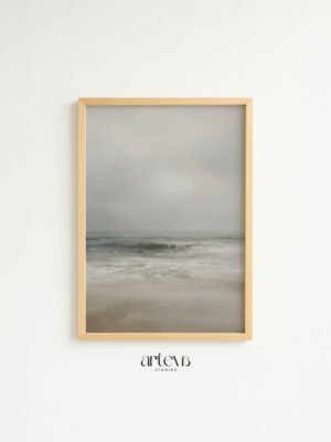 Poster vintage ocean wall art bergambar pantai berkabut dengan ombak lembut dan warna netral untuk dekorasi ruang minimalis.