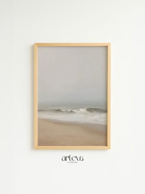 Vintage coastal wall art dengan lukisan garis pantai lembut bernuansa beige grey untuk dekorasi ruang tamu dan kamar tidur.