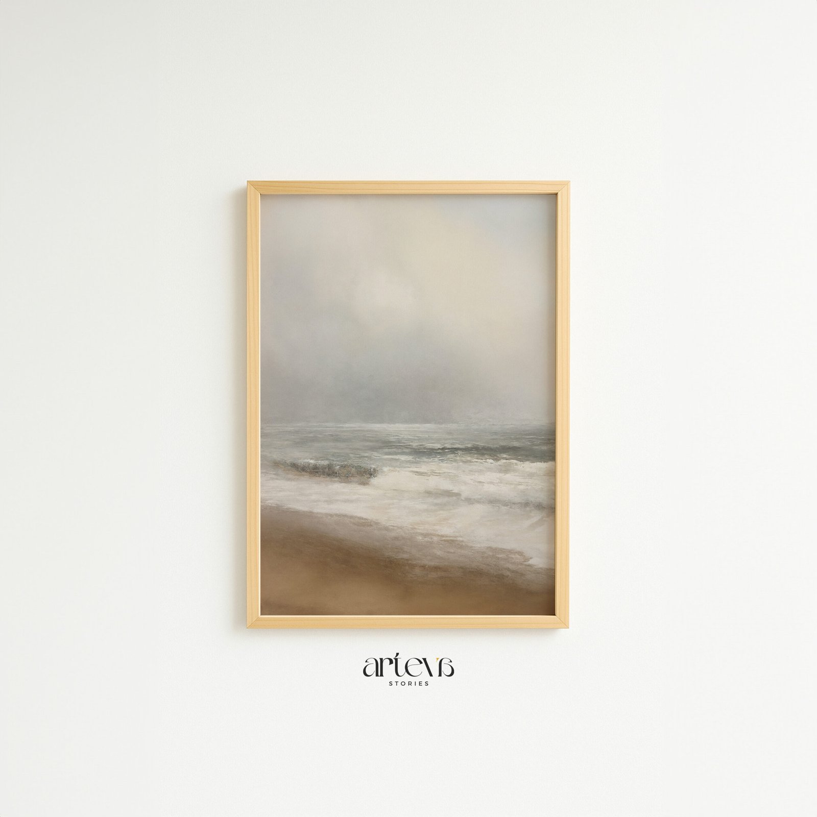 Vintage coastal wall art bergambar shoreline lembut dengan warna beige dan grey untuk dekorasi rumah bernuansa natural.