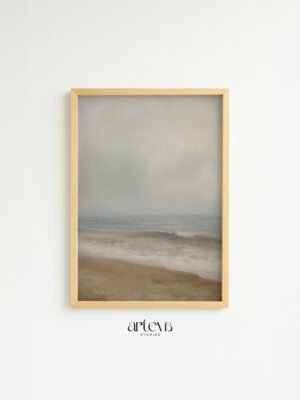 Vintage ocean wall art bergambar ombak lembut dengan tone beige grey untuk dekorasi rumah modern minimalis.