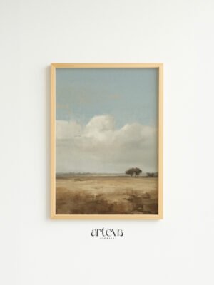 Vintage landscape wall art bergambar satu pohon kecil di padang terbuka dengan langit biru lembut dan awan putih.