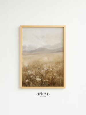 Vintage meadow wall art bergambar padang rumput keemasan dengan bunga liar putih dan bukit berkabut untuk dekorasi rumah natural.