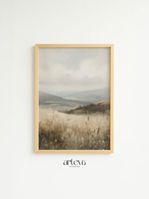 Vintage landscape wall art bergambar padang rumput luas dengan bunga kecil dan bukit lembut berkabut untuk dekorasi rumah.