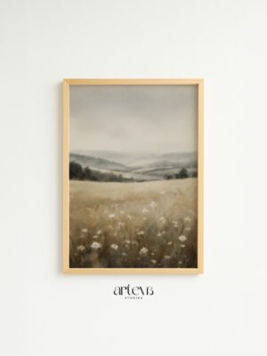 Vintage landscape wall art bergambar padang rumput luas dengan bunga kecil dan bukit lembut berkabut untuk dekorasi rumah.