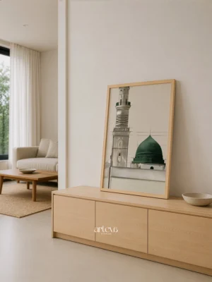 Masjid Nabawi wall art bergaya architectural sketch dengan Green Dome dan menara bernuansa Madinah