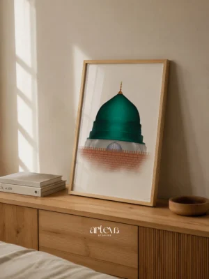 Green Dome Nabawi Wall Art bergaya minimal illustration dengan kubah hijau Masjid Nabawi Madinah