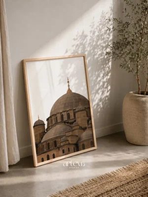 Islamic architecture wall art dengan ilustrasi masjid sultan ahmed bergaya Ottoman bernuansa earthy brown